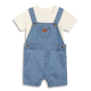 Baby Boys Striped Denim Dungaree with Solid T-shirt Set, Blue and Off White