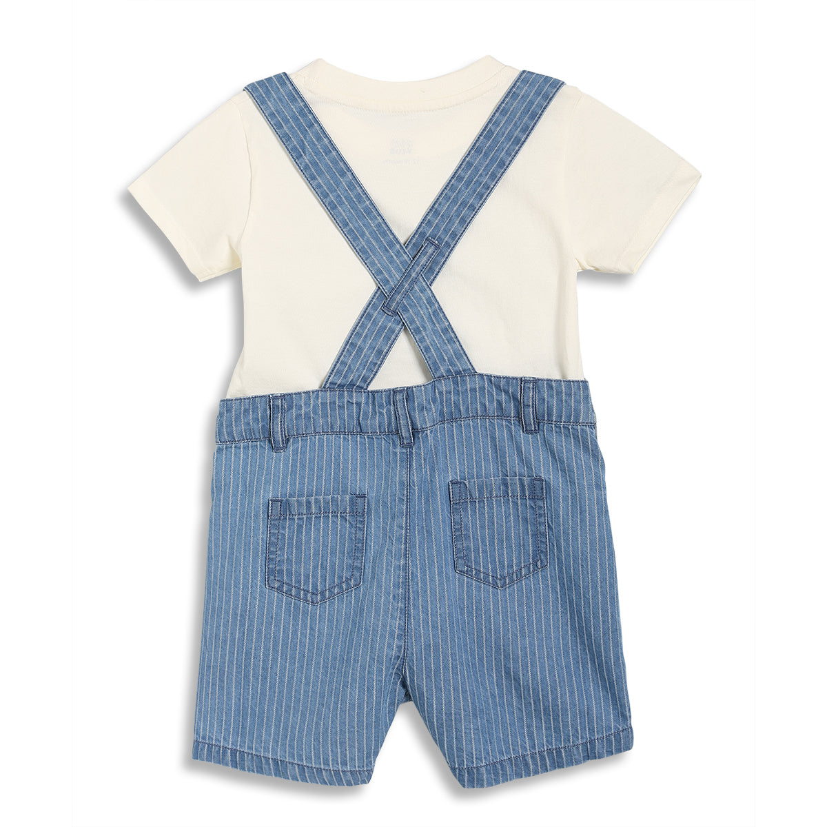 Baby Boys Striped Denim Dungaree with Solid T-shirt Set, Blue and Off White