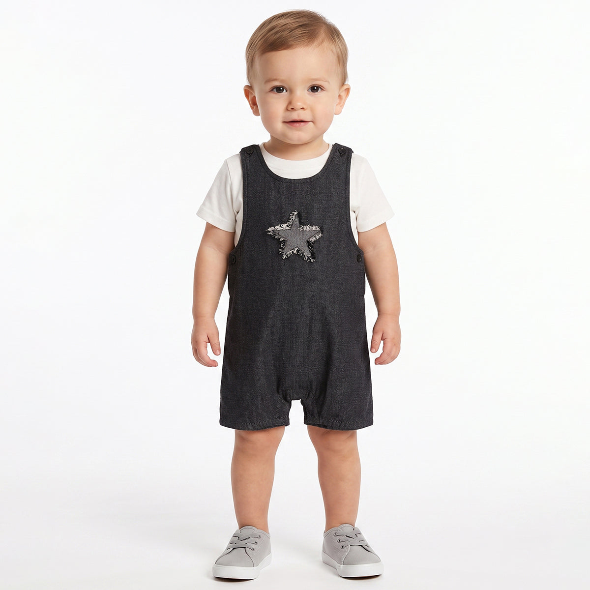 Baby Boys Black And White Woven Dungaree Set Regular Fit Casual Wear