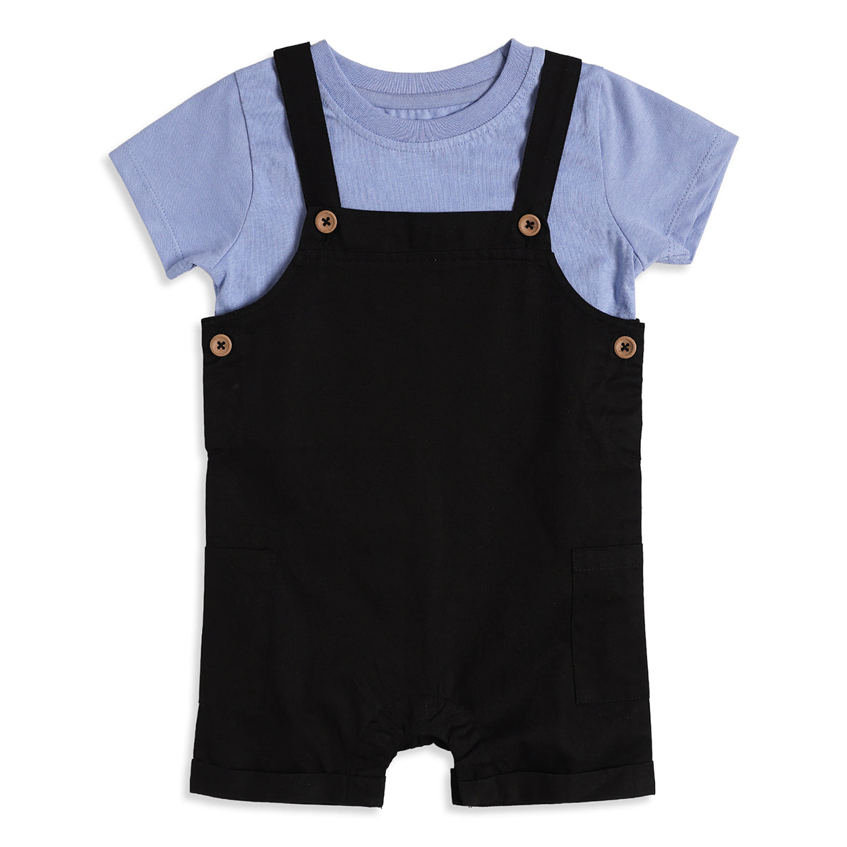 Baby Boys Black Dungaree Romper with Blue T-Shirt Casual Outfit Set