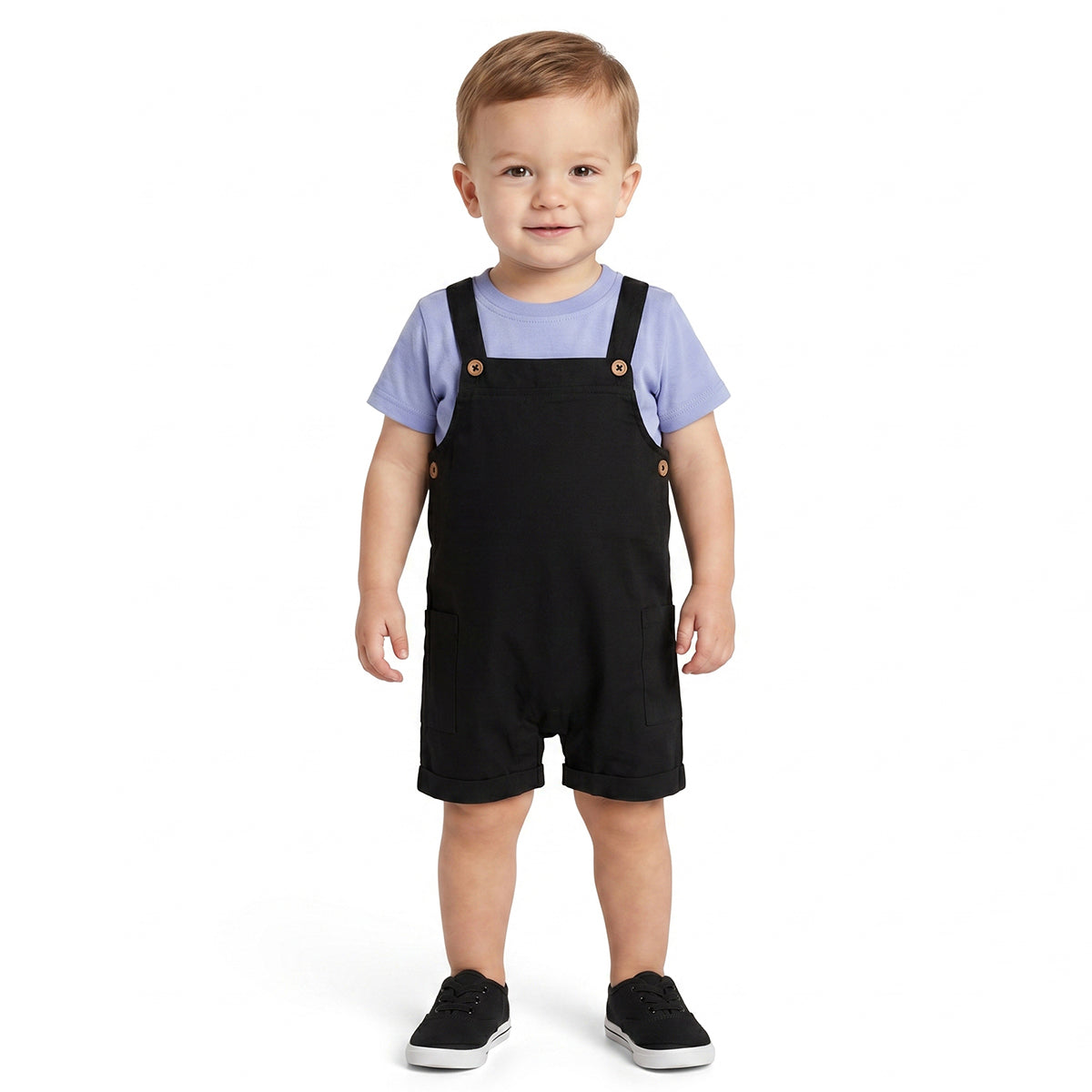 Baby Boys Black Dungaree Romper with Blue T-Shirt Casual Outfit Set
