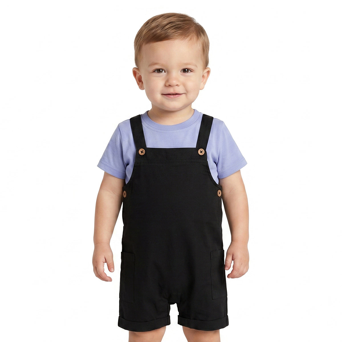 Baby Boys Black Dungaree Romper with Blue T-Shirt Casual Outfit Set