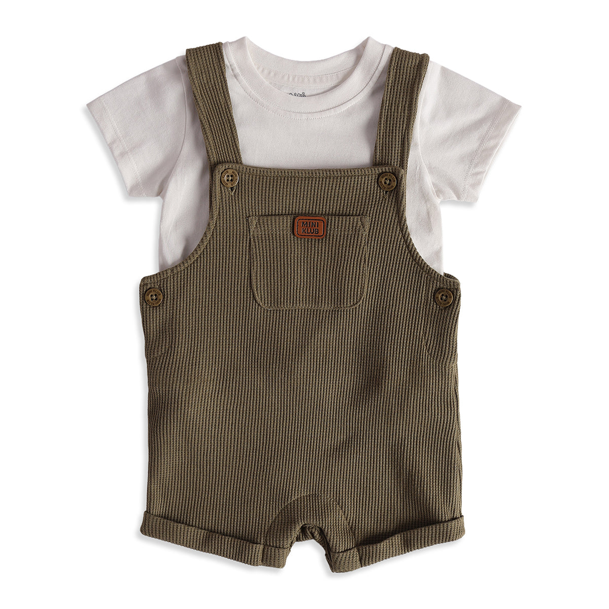 Baby Boys White Olive Cotton Dungaree Set Regular Fit Casual Wear