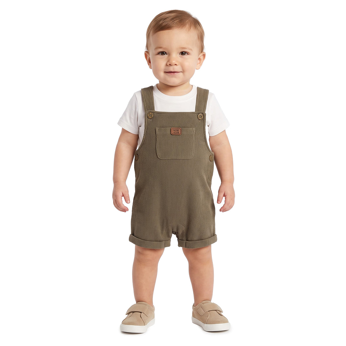 Baby Boys White Olive Cotton Dungaree Set Regular Fit Casual Wear