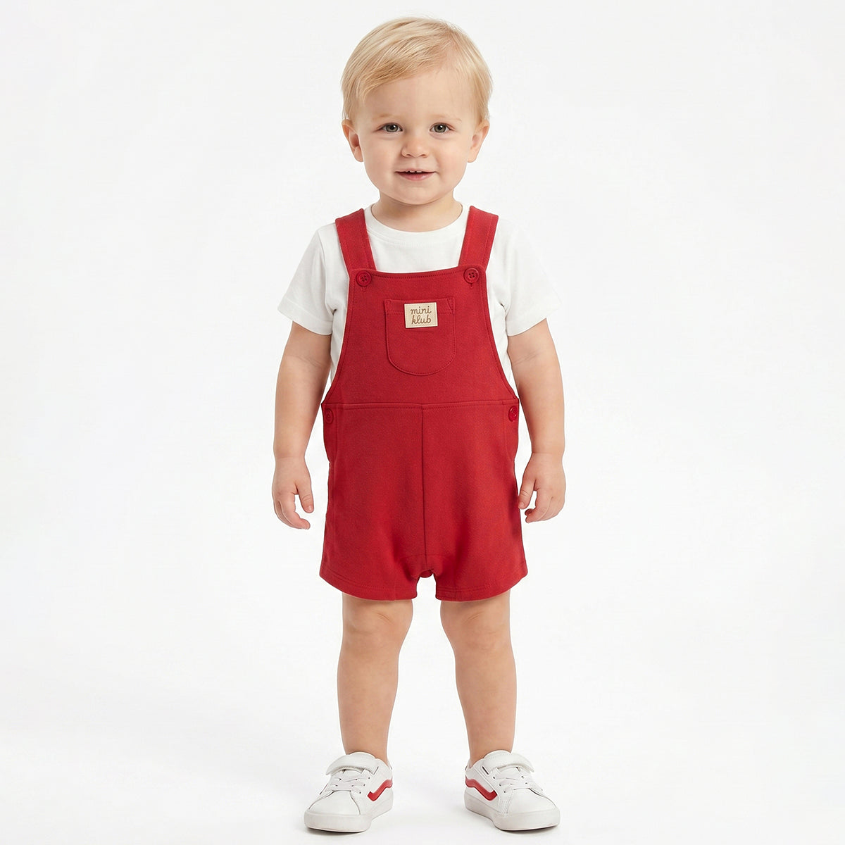 Baby Boys Red Dungaree Romper with White T-Shirt Casual Summer Outfit Set