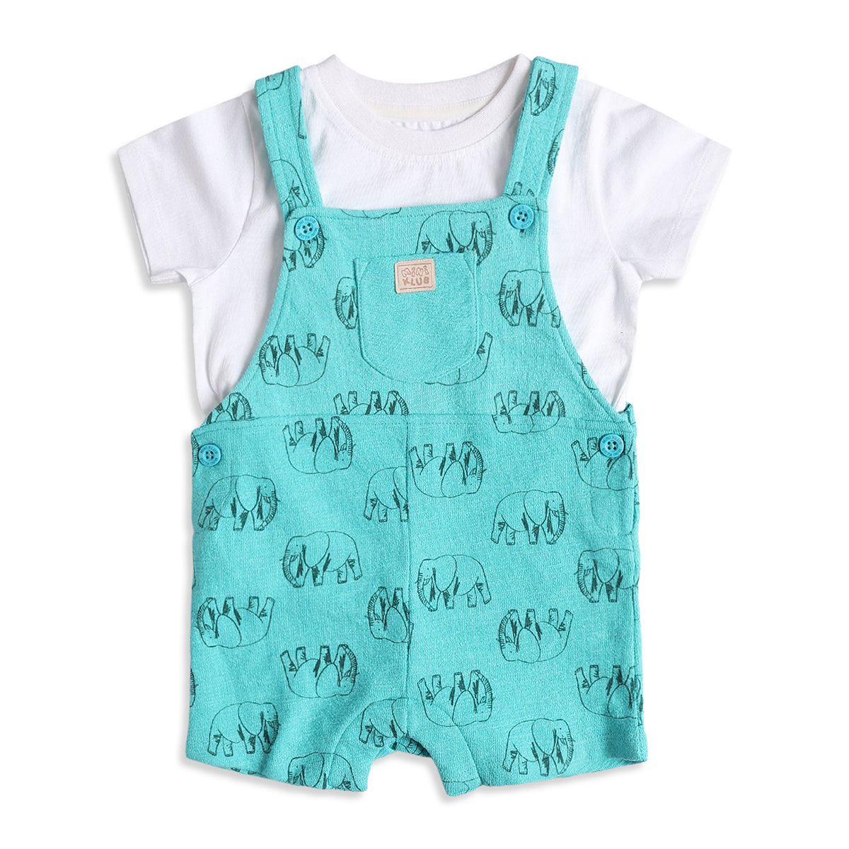 Baby Boys Blue Elephant Print Dungaree Romper with White T-Shirt Casual Summer Outfit Set