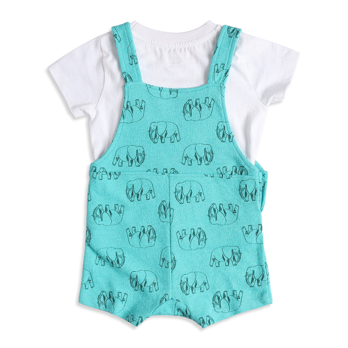 Baby Boys Blue Elephant Print Dungaree Romper with White T-Shirt Casual Summer Outfit Set