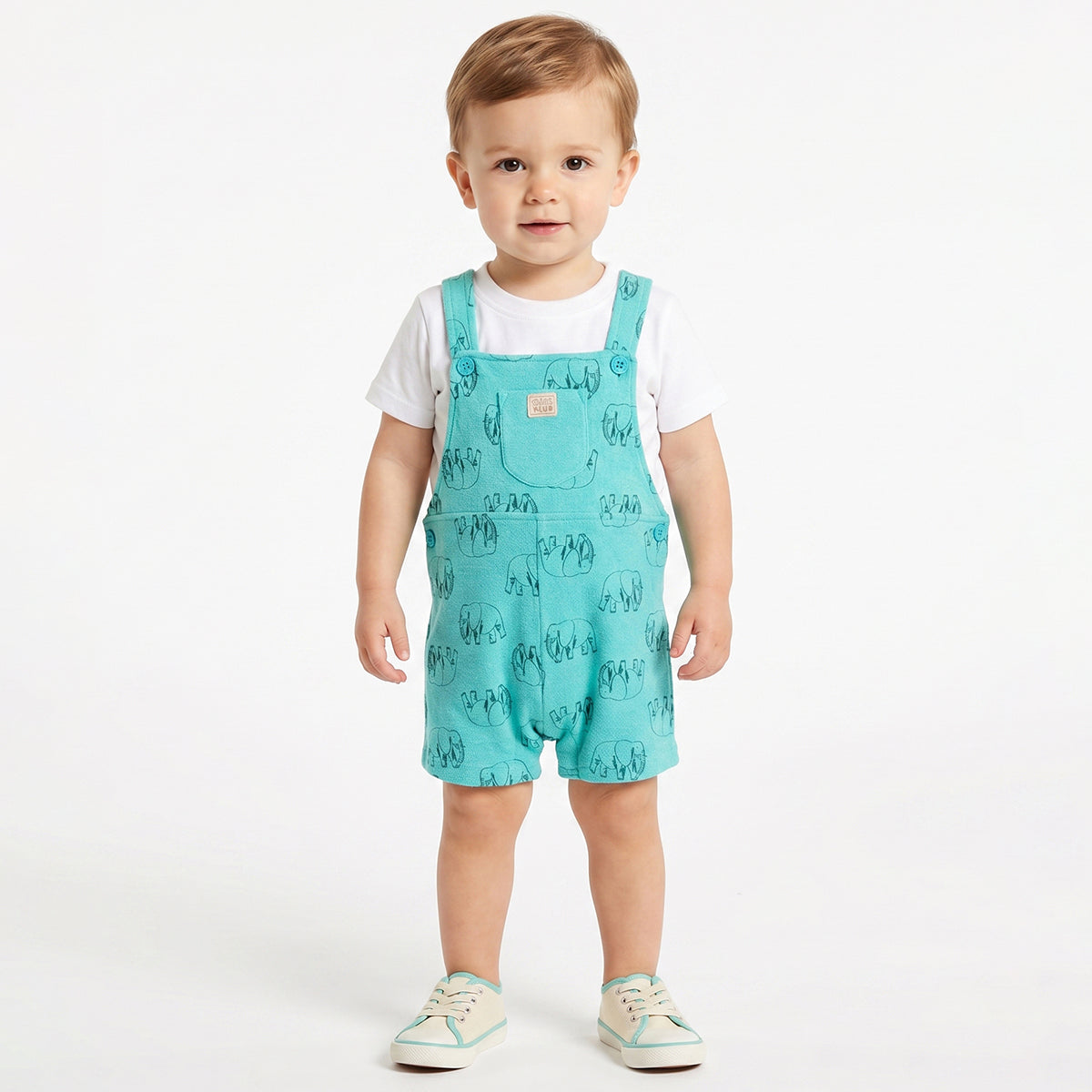 Baby Boys Blue Elephant Print Dungaree Romper with White T-Shirt Casual Summer Outfit Set