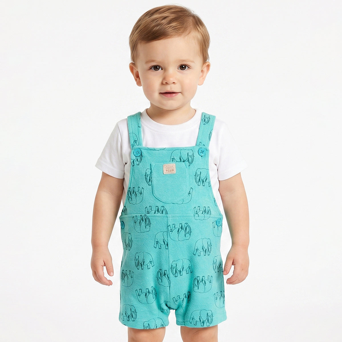 Baby Boys Blue Elephant Print Dungaree Romper with White T-Shirt Casual Summer Outfit Set