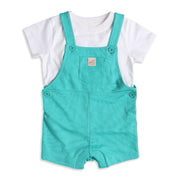 Baby Boys Aqua Blue Dungaree Romper with White T-Shirt Casual Summer Outfit Set