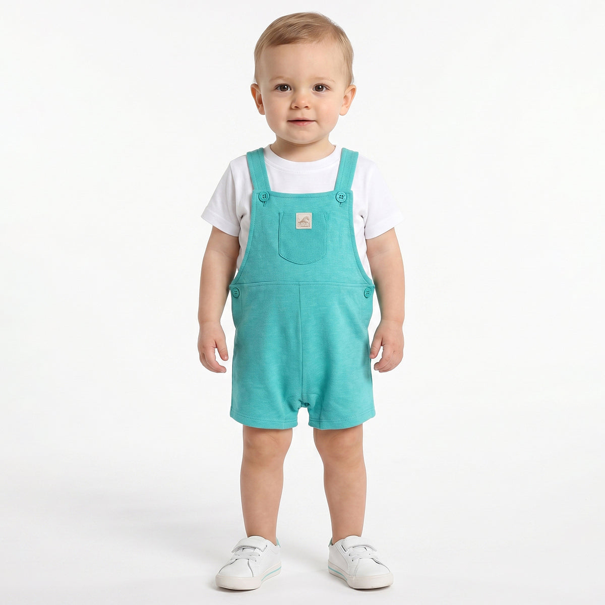 Baby Boys Aqua Blue Dungaree Romper with White T-Shirt Casual Summer Outfit Set
