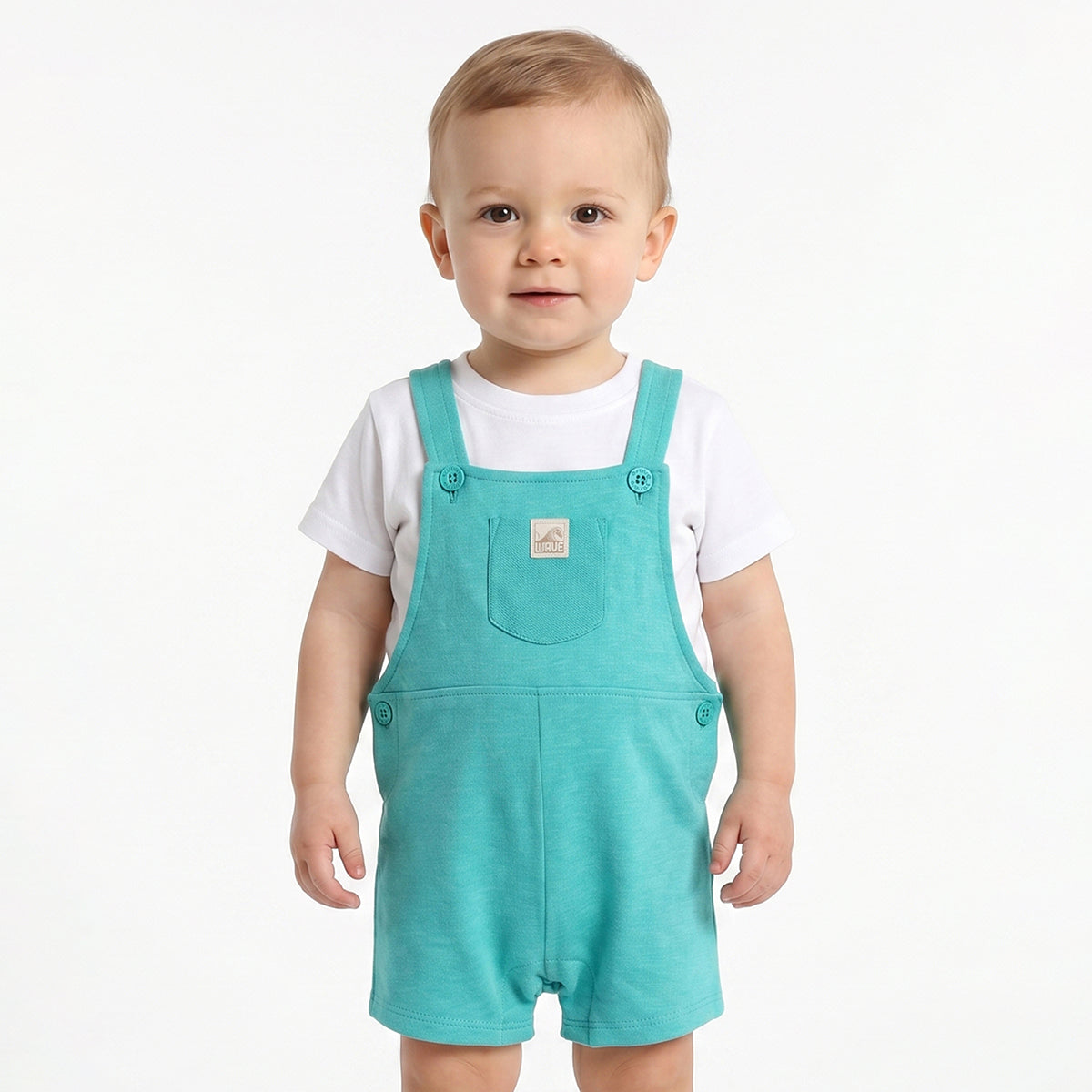 Baby Boys Aqua Blue Dungaree Romper with White T-Shirt Casual Summer Outfit Set