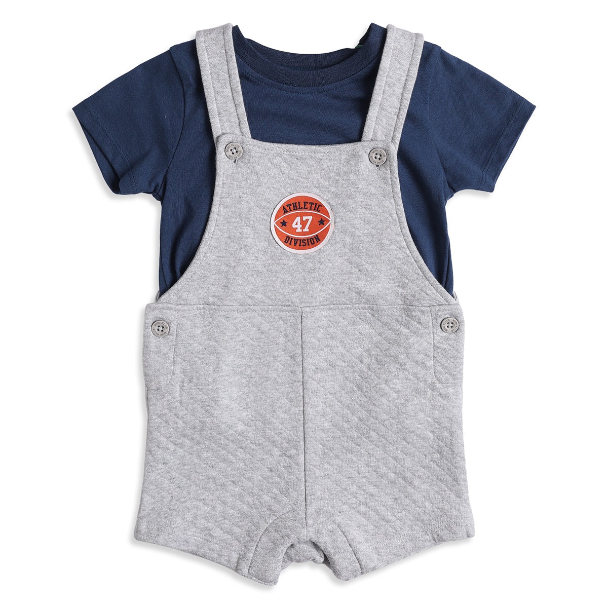 Baby Boys Grey Quilted Dungaree Romper with Navy Blue T-Shirt Casual Outfit Set