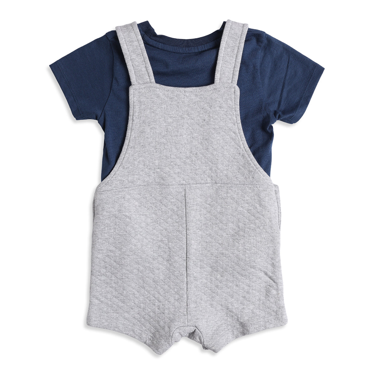 Baby Boys Grey Quilted Dungaree Romper with Navy Blue T-Shirt Casual Outfit Set