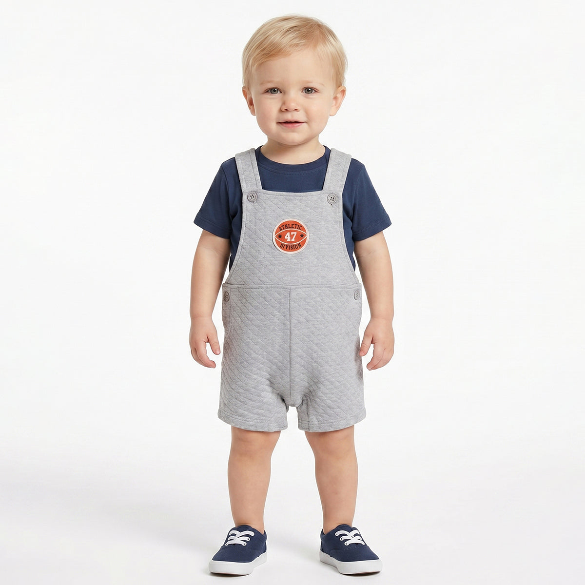 Baby Boys Grey Quilted Dungaree Romper with Navy Blue T-Shirt Casual Outfit Set