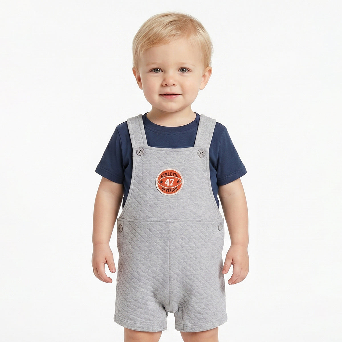 Baby Boys Grey Quilted Dungaree Romper with Navy Blue T-Shirt Casual Outfit Set