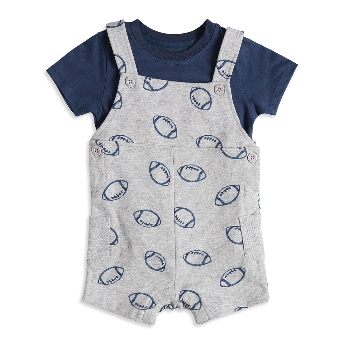 Baby Boys Grey Football Print Dungaree Romper with Navy Blue T-Shirt Casual Outfit Set