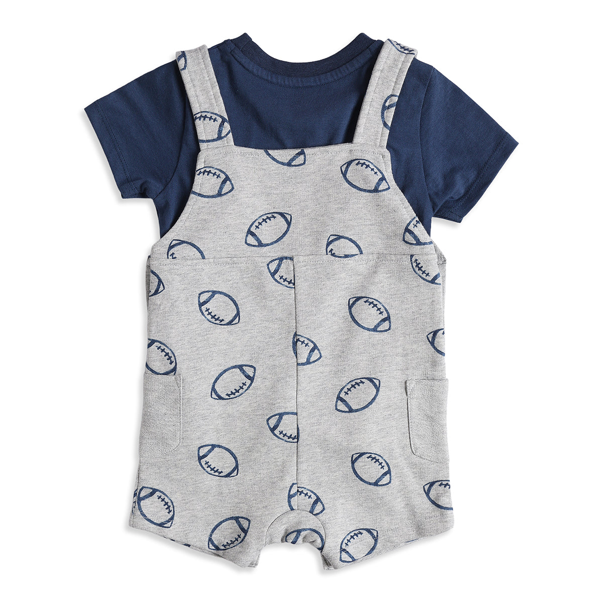 Baby Boys Grey Football Print Dungaree Romper with Navy Blue T-Shirt Casual Outfit Set