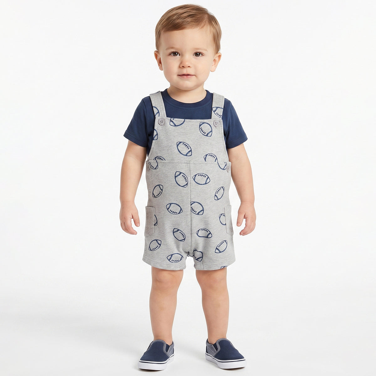 Baby Boys Grey Football Print Dungaree Romper with Navy Blue T-Shirt Casual Outfit Set