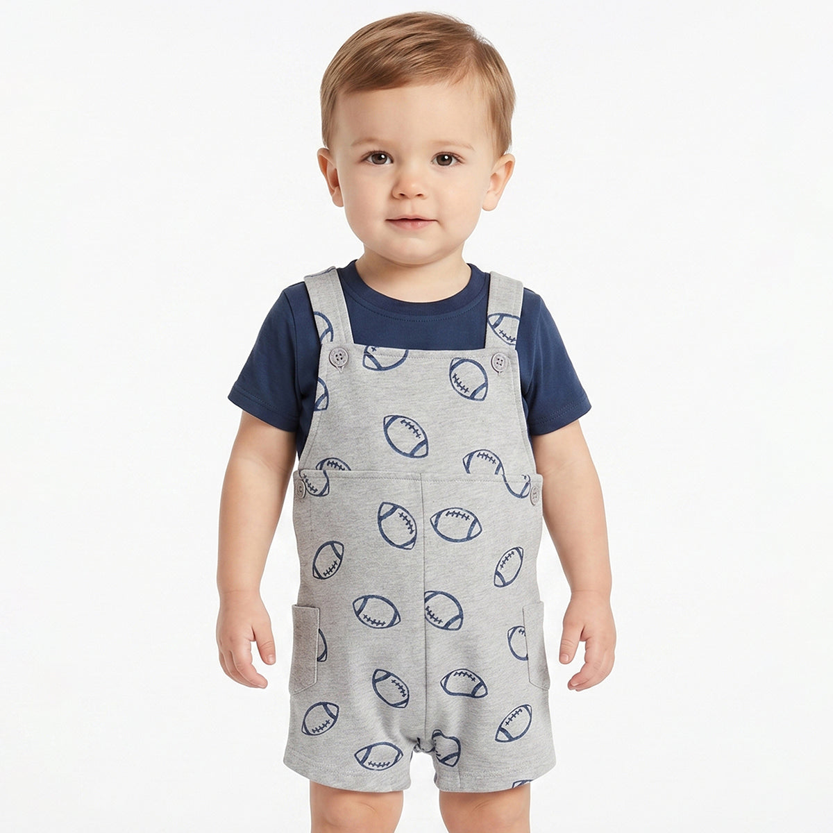 Baby Boys Grey Football Print Dungaree Romper with Navy Blue T-Shirt Casual Outfit Set
