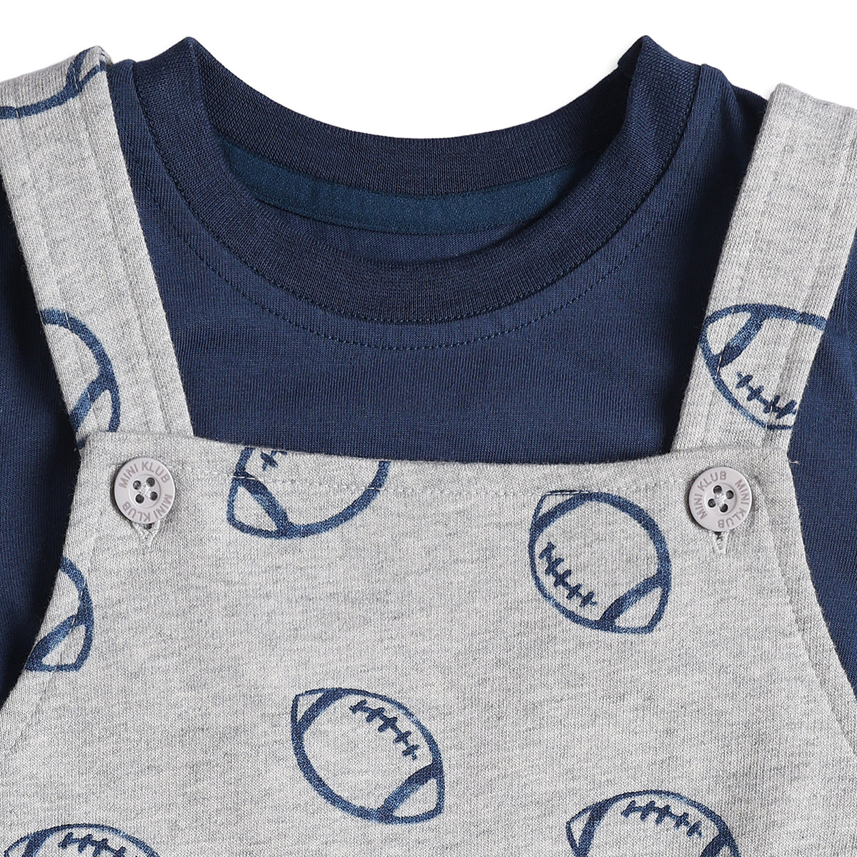 Baby Boys Grey Football Print Dungaree Romper with Navy Blue T-Shirt Casual Outfit Set