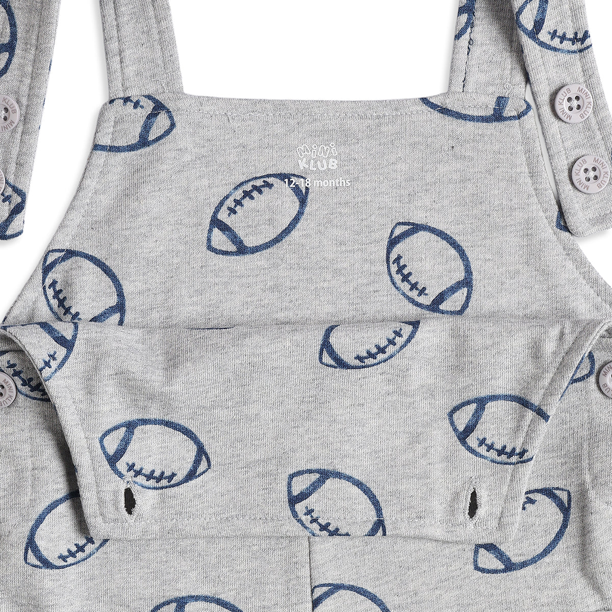 Baby Boys Grey Football Print Dungaree Romper with Navy Blue T-Shirt Casual Outfit Set
