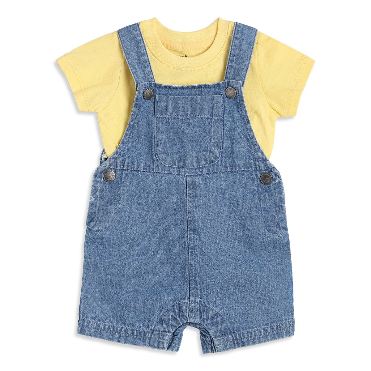 Baby Boys Yellow And Blue Cotton T-Shirt With Denim Dungaree Shorts Set Regular Fit Casual Wear