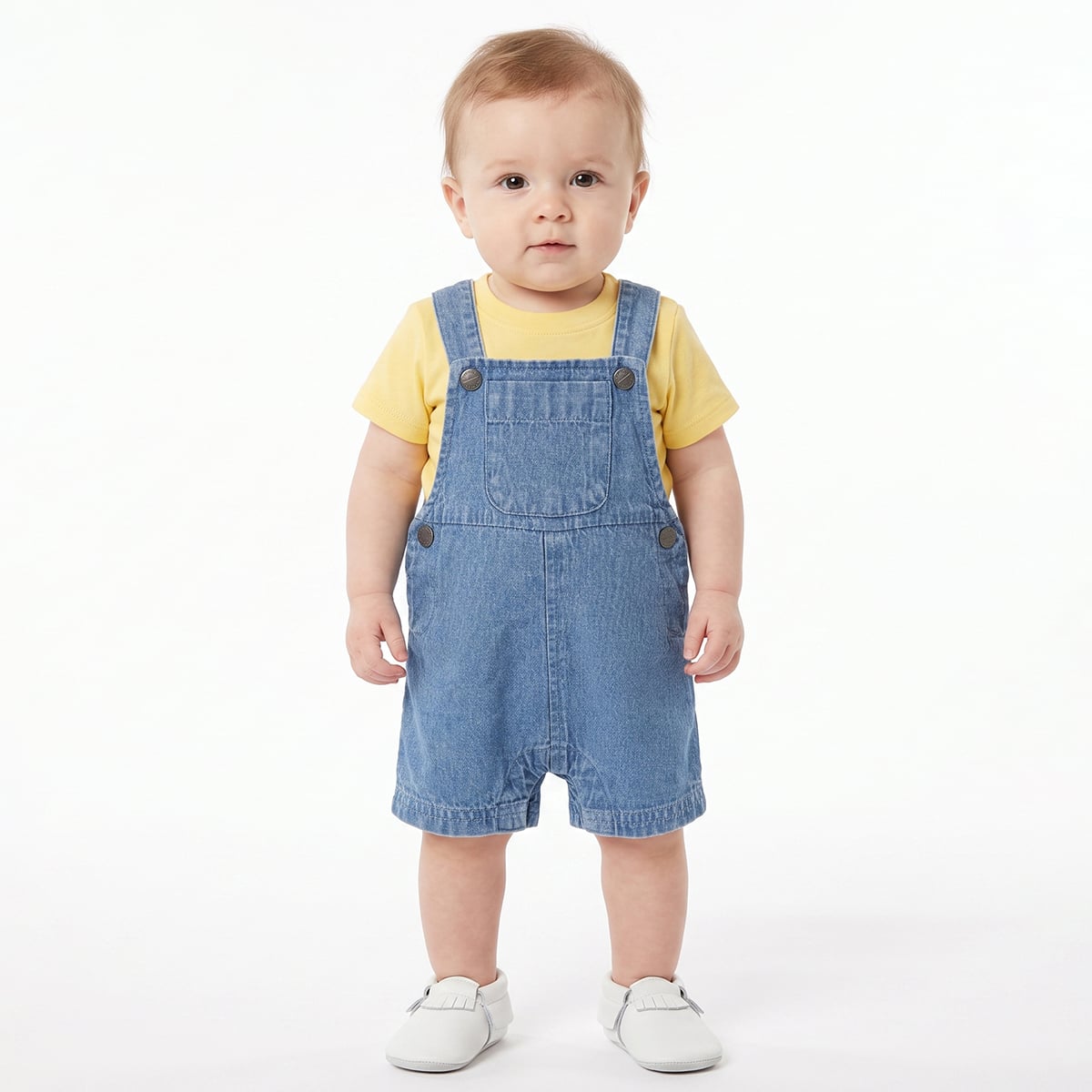 Baby Boys Yellow And Blue Cotton T-Shirt With Denim Dungaree Shorts Set Regular Fit Casual Wear