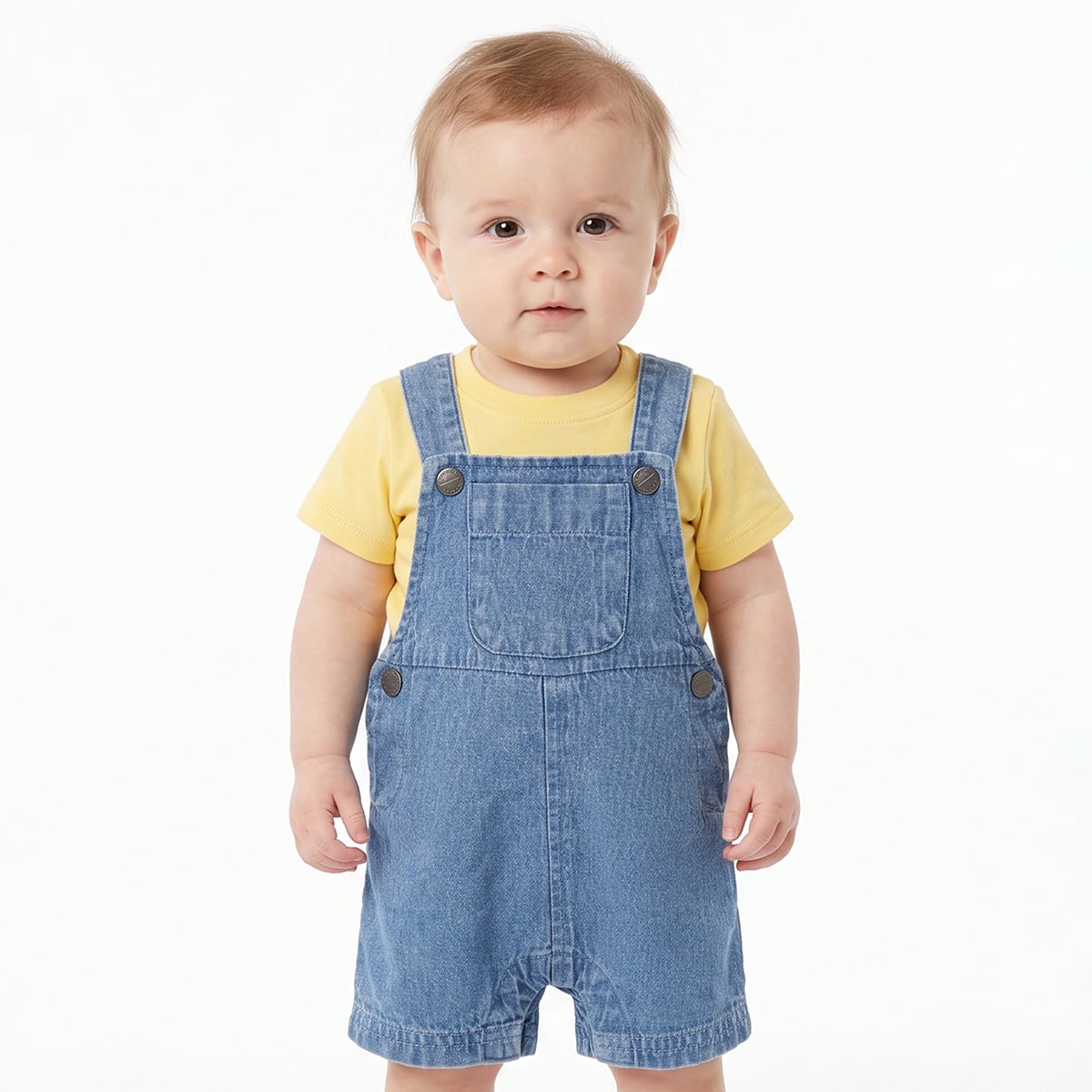 Baby Boys Yellow And Blue Cotton T-Shirt With Denim Dungaree Shorts Set Regular Fit Casual Wear