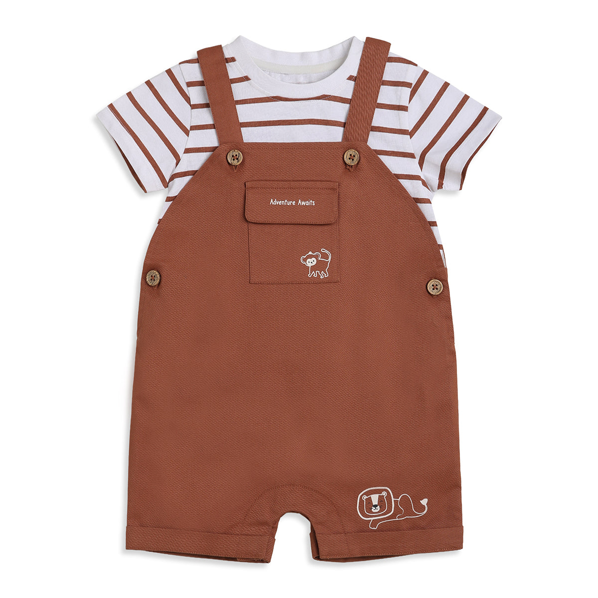 Baby Boys Rust Brown And White Cotton Striped T-Shirt With Animal Print Dungaree Shorts Set Regular Fit Casual Wear
