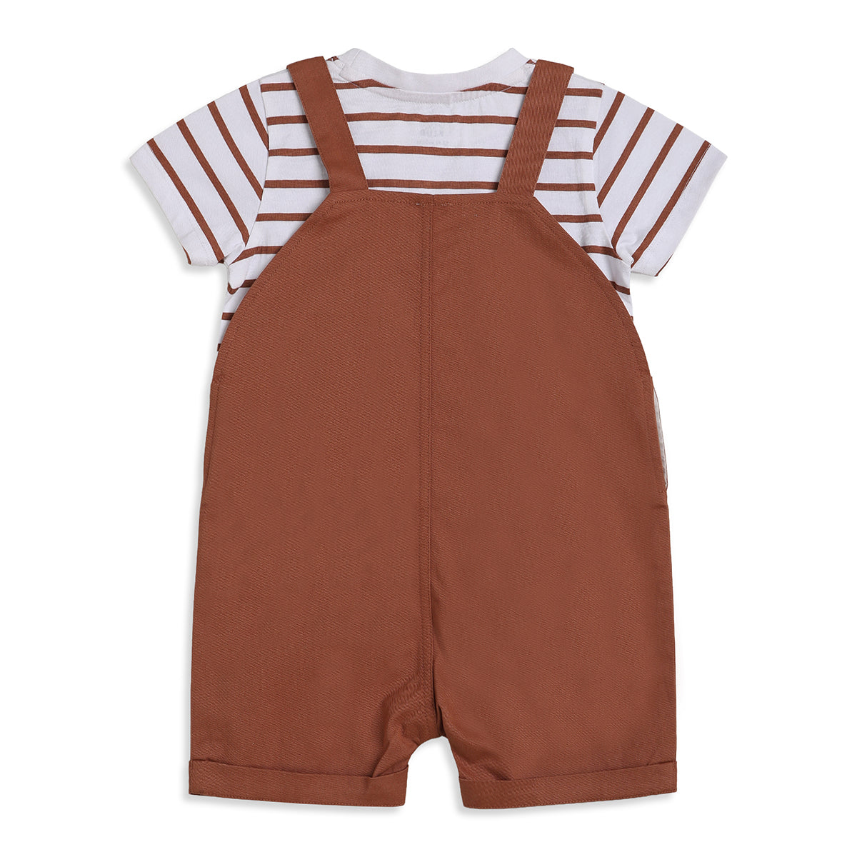 Baby Boys Rust Brown And White Cotton Striped T-Shirt With Animal Print Dungaree Shorts Set Regular Fit Casual Wear