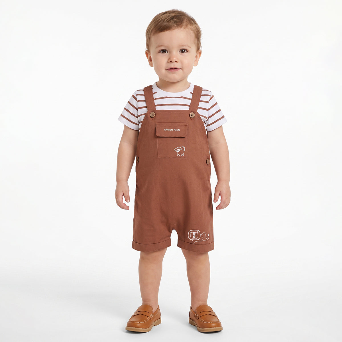 Baby Boys Rust Brown And White Cotton Striped T-Shirt With Animal Print Dungaree Shorts Set Regular Fit Casual Wear