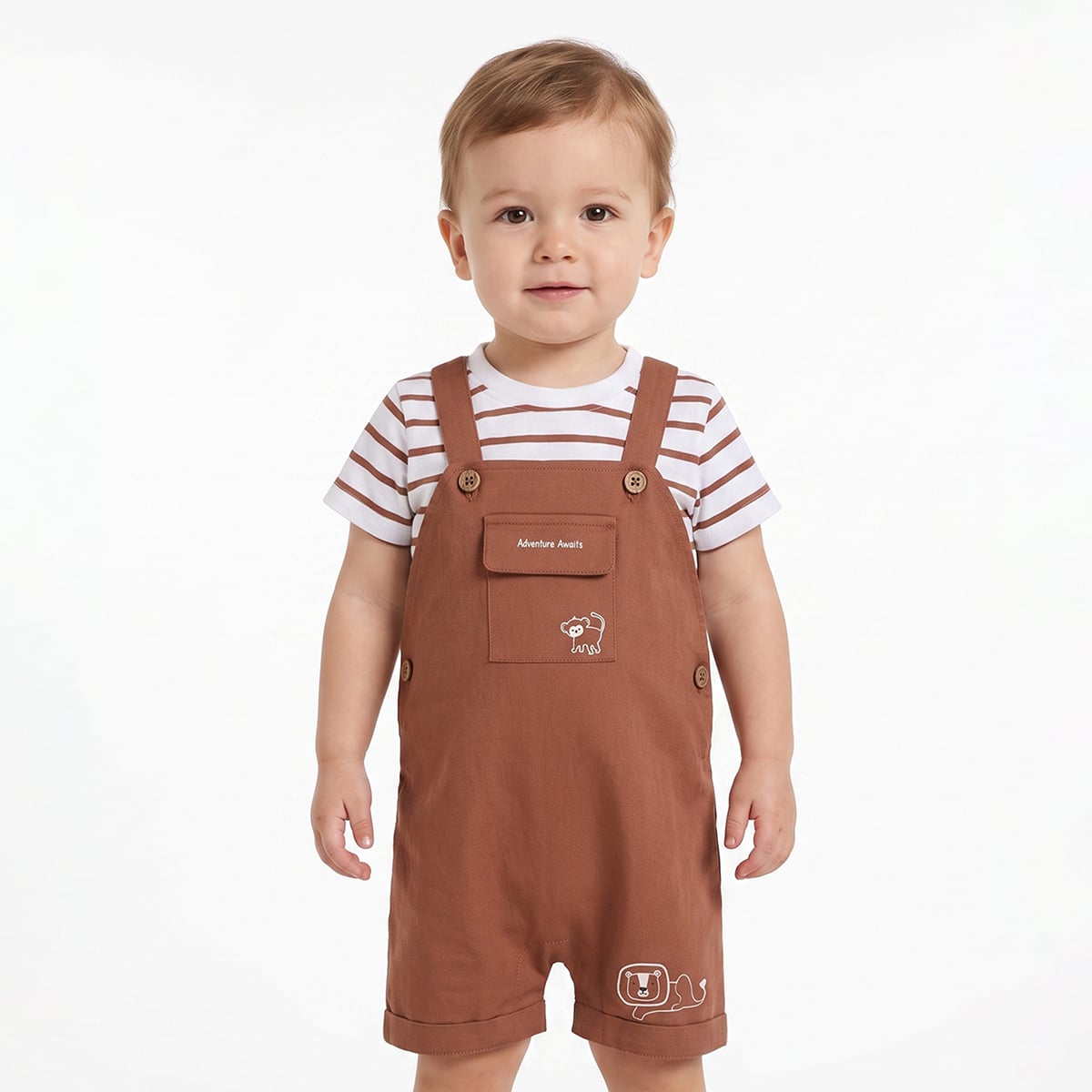 Baby Boys Rust Brown And White Cotton Striped T-Shirt With Animal Print Dungaree Shorts Set Regular Fit Casual Wear