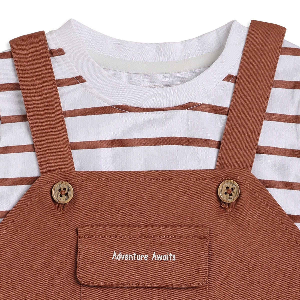 Baby Boys Rust Brown And White Cotton Striped T-Shirt With Animal Print Dungaree Shorts Set Regular Fit Casual Wear