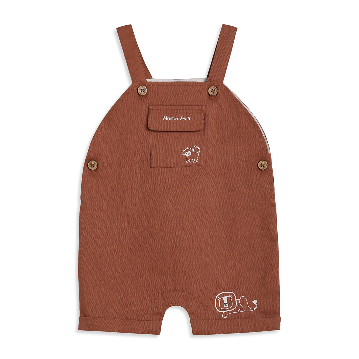 Baby Boys Rust Brown And White Cotton Striped T-Shirt With Animal Print Dungaree Shorts Set Regular Fit Casual Wear