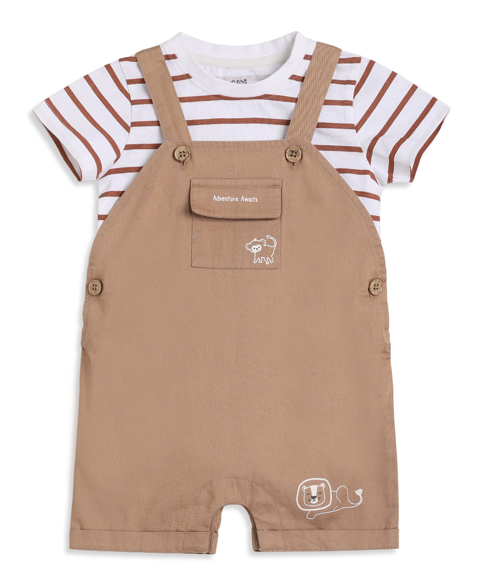 Baby Boys Brown And White Cotton Dungaree Set Regular Fit Casual Wear
