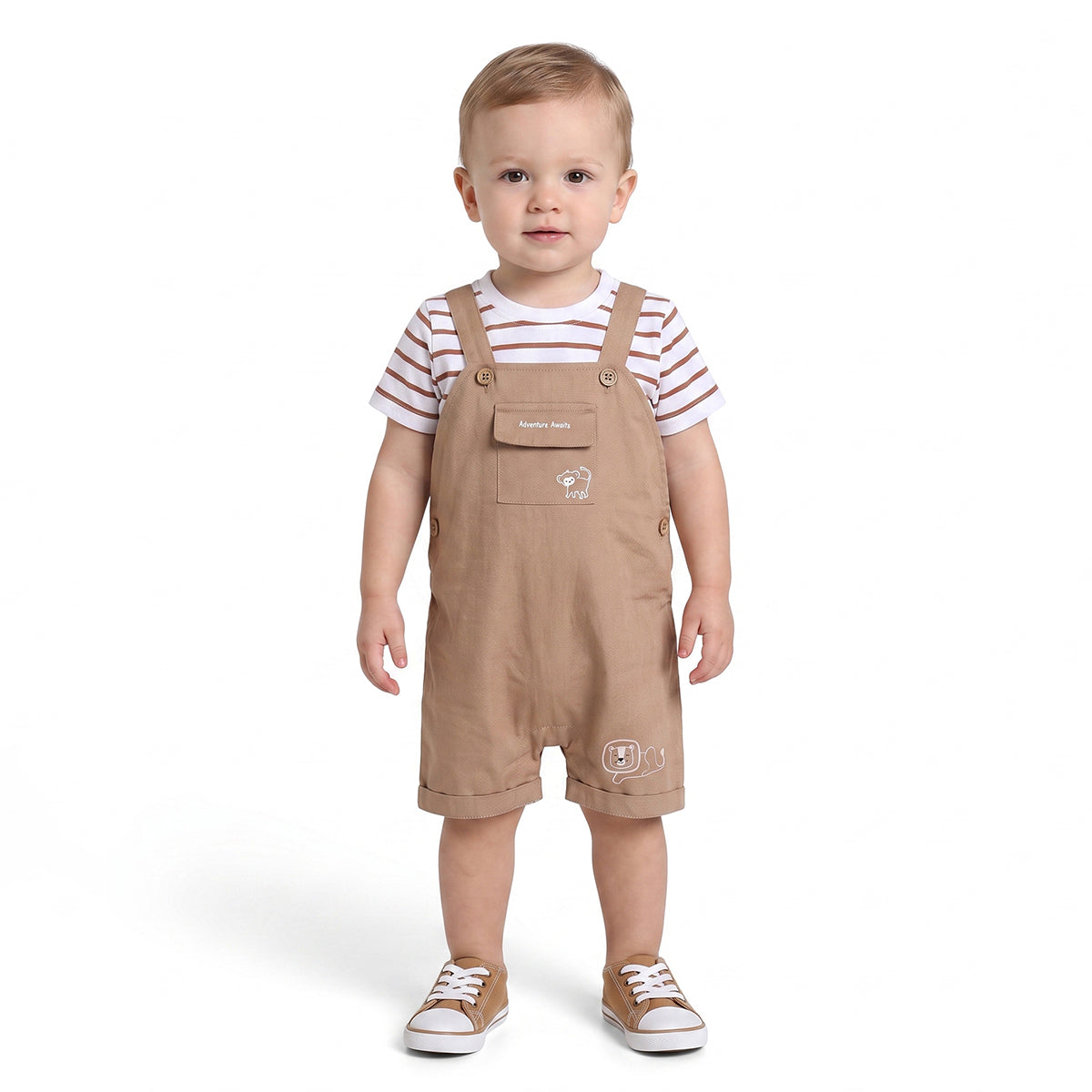 Baby Boys Brown And White Cotton Dungaree Set Regular Fit Casual Wear