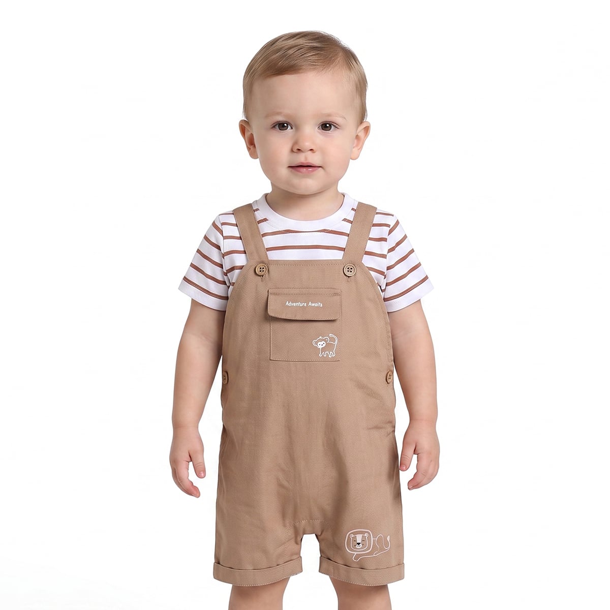 Baby Boys Brown And White Cotton Dungaree Set Regular Fit Casual Wear