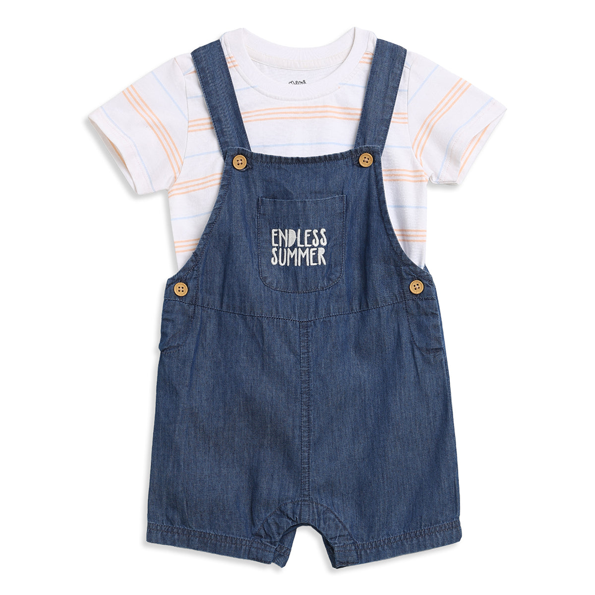 Baby Boys White And Blue Cotton Dungaree Set Regular Fit Casual Wear