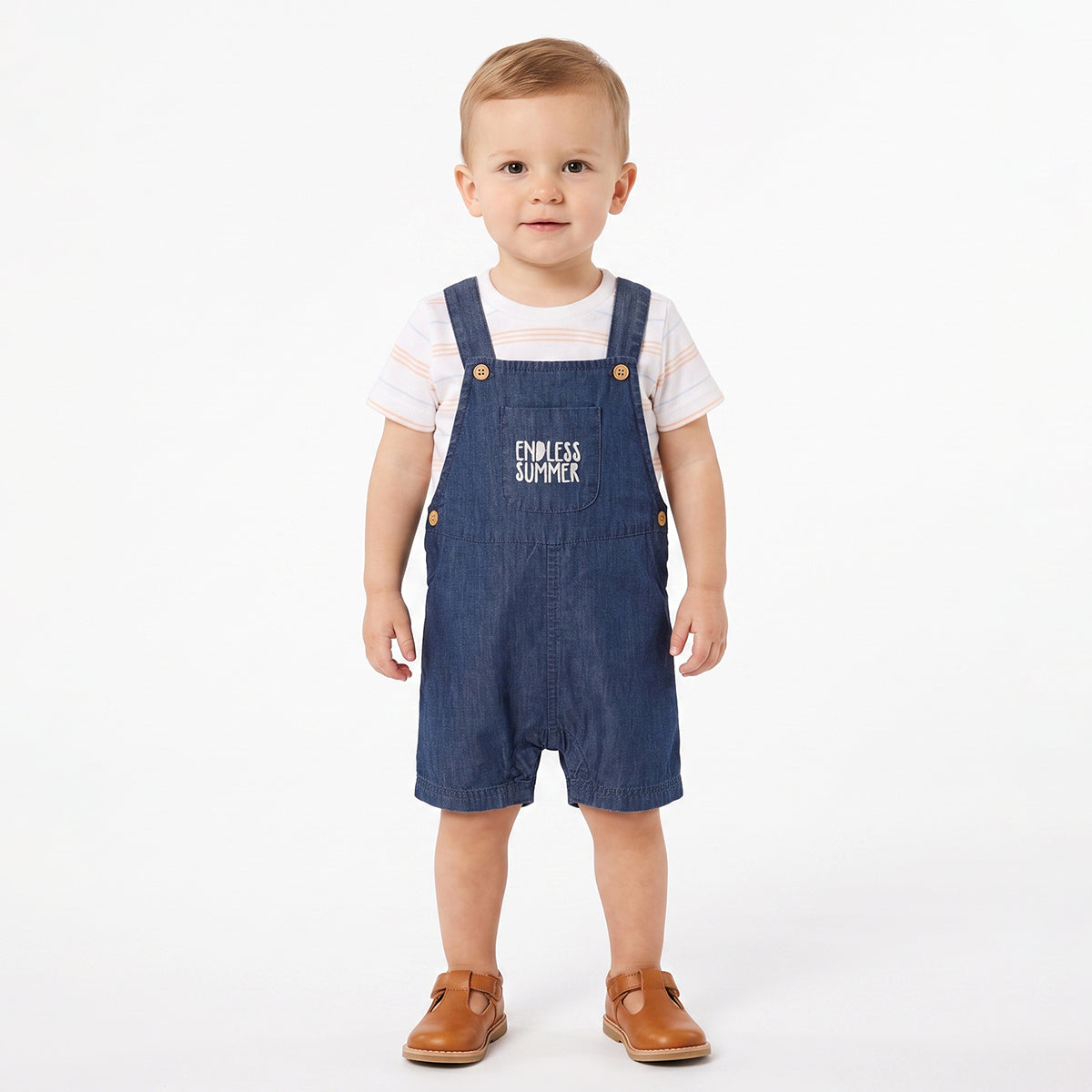 Baby Boys White And Blue Cotton Dungaree Set Regular Fit Casual Wear