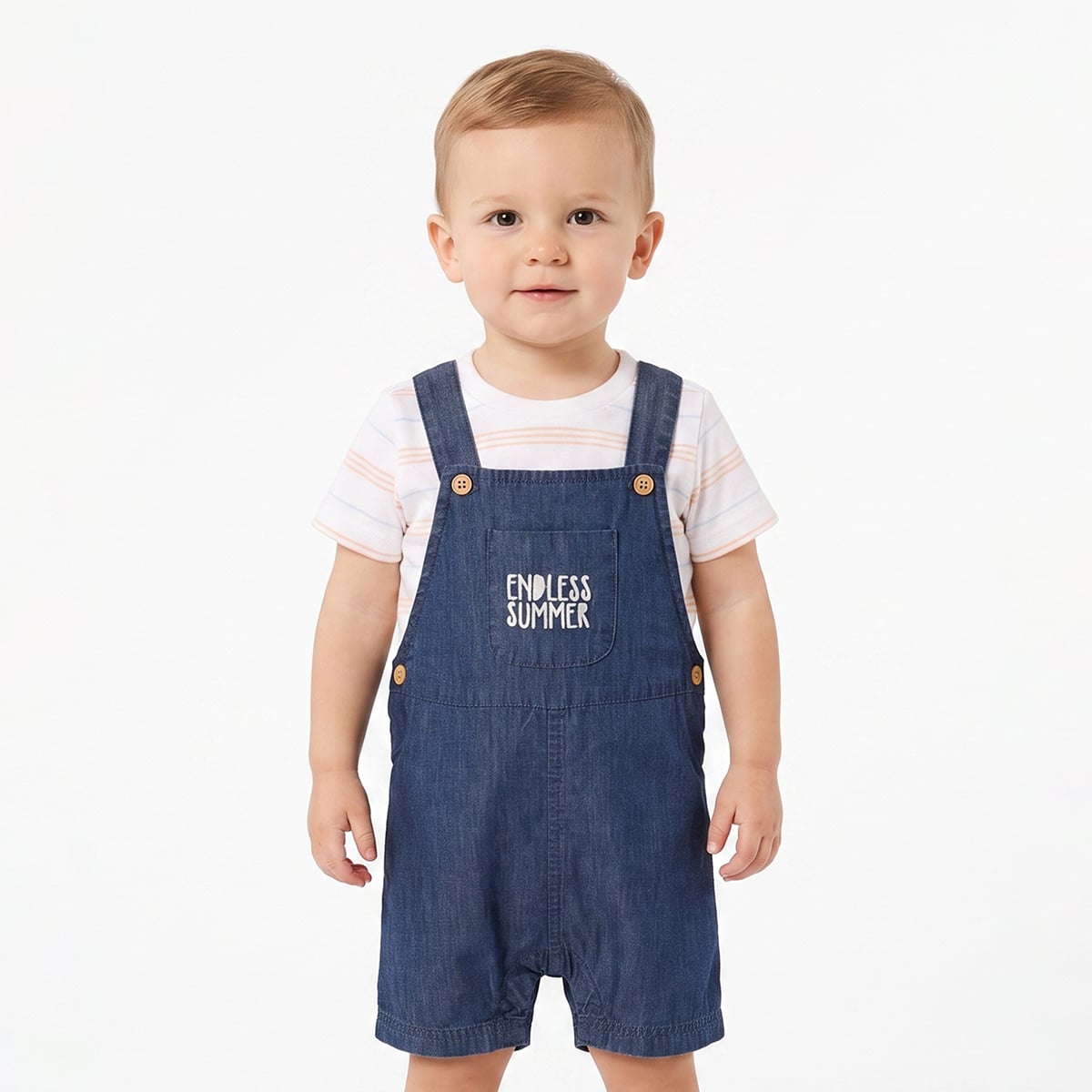 Baby Boys White And Blue Cotton Dungaree Set Regular Fit Casual Wear