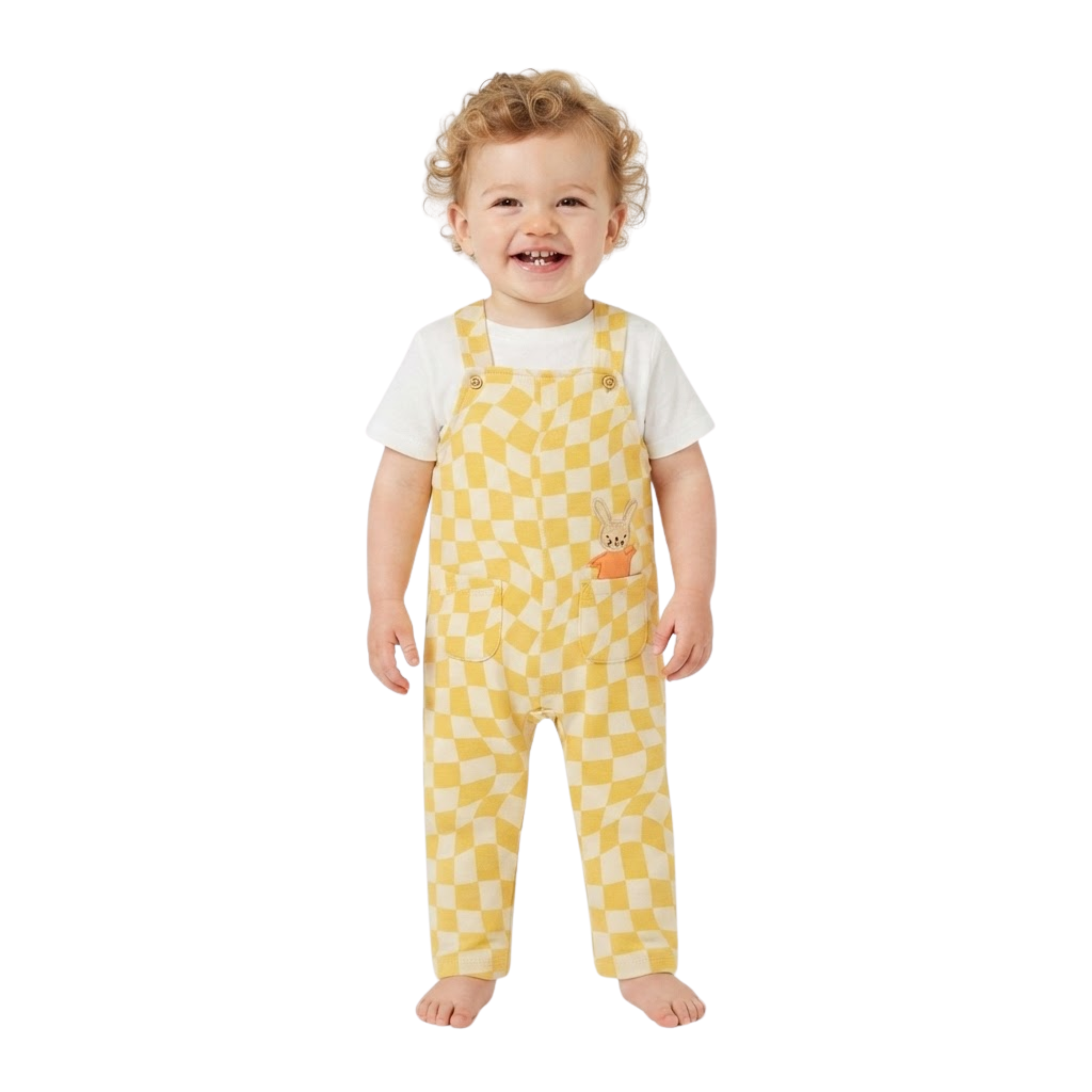 Baby Boys Yellow and White Cotton Dungaree Set Regular Fit Casual Wear