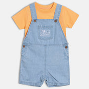 Baby Boys Text Print Dungaree Set with T-Shirt, Yellow and Blue