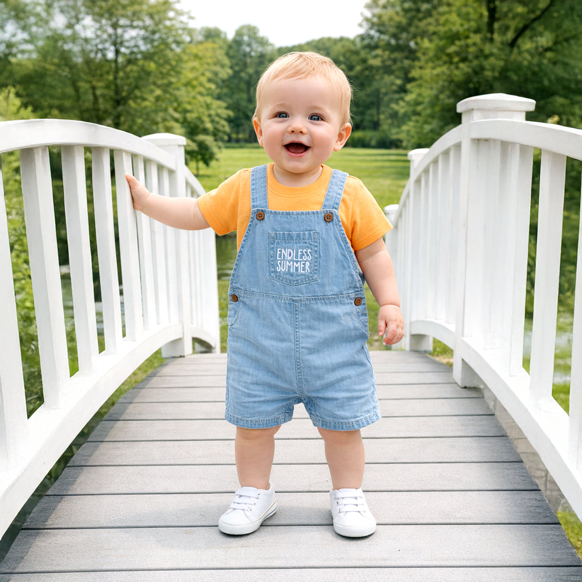 Baby Boys Text Print Dungaree Set with T-Shirt, Yellow and Blue