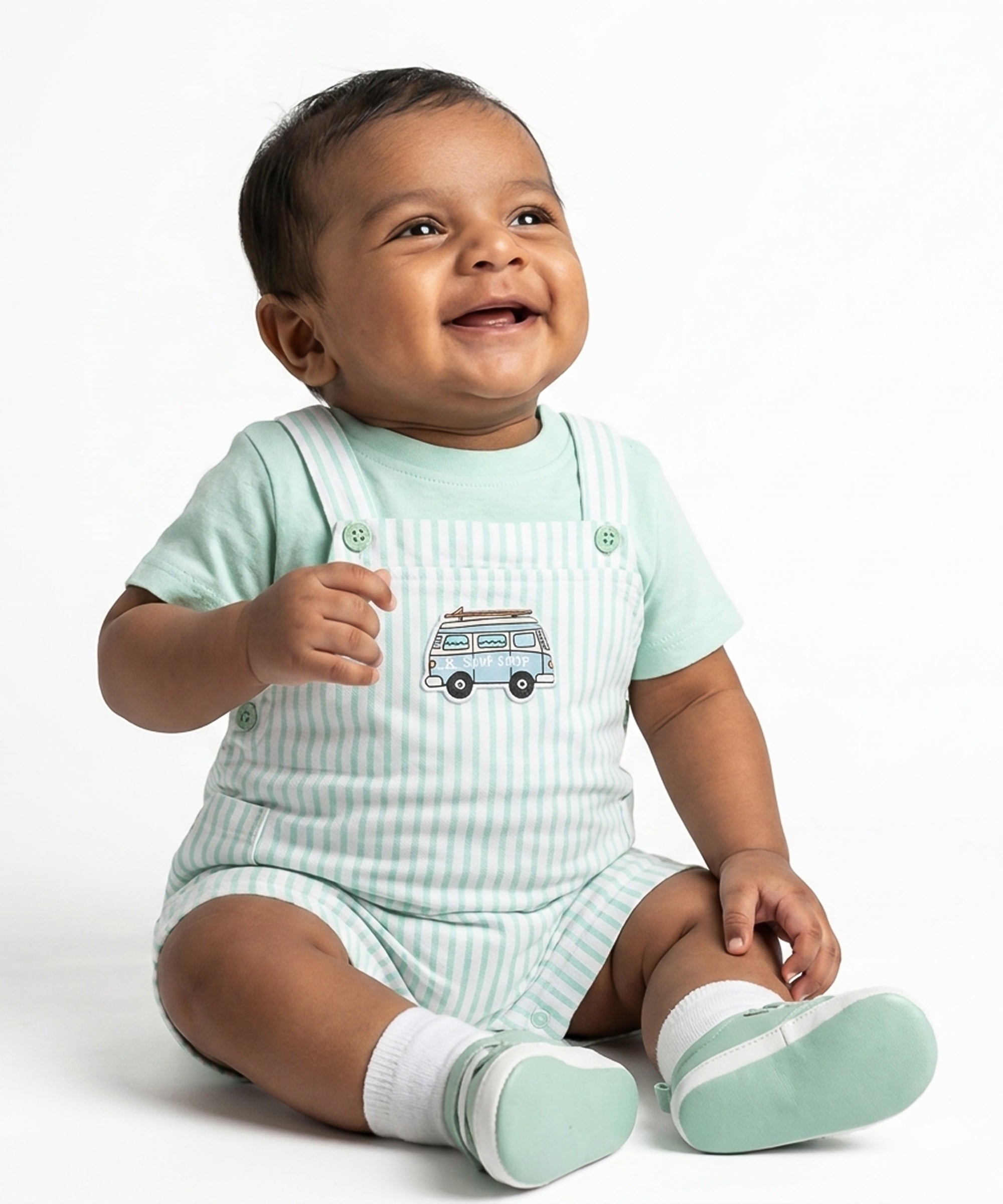Baby Boys Striped Dungaree Set with Patch, Mint Green