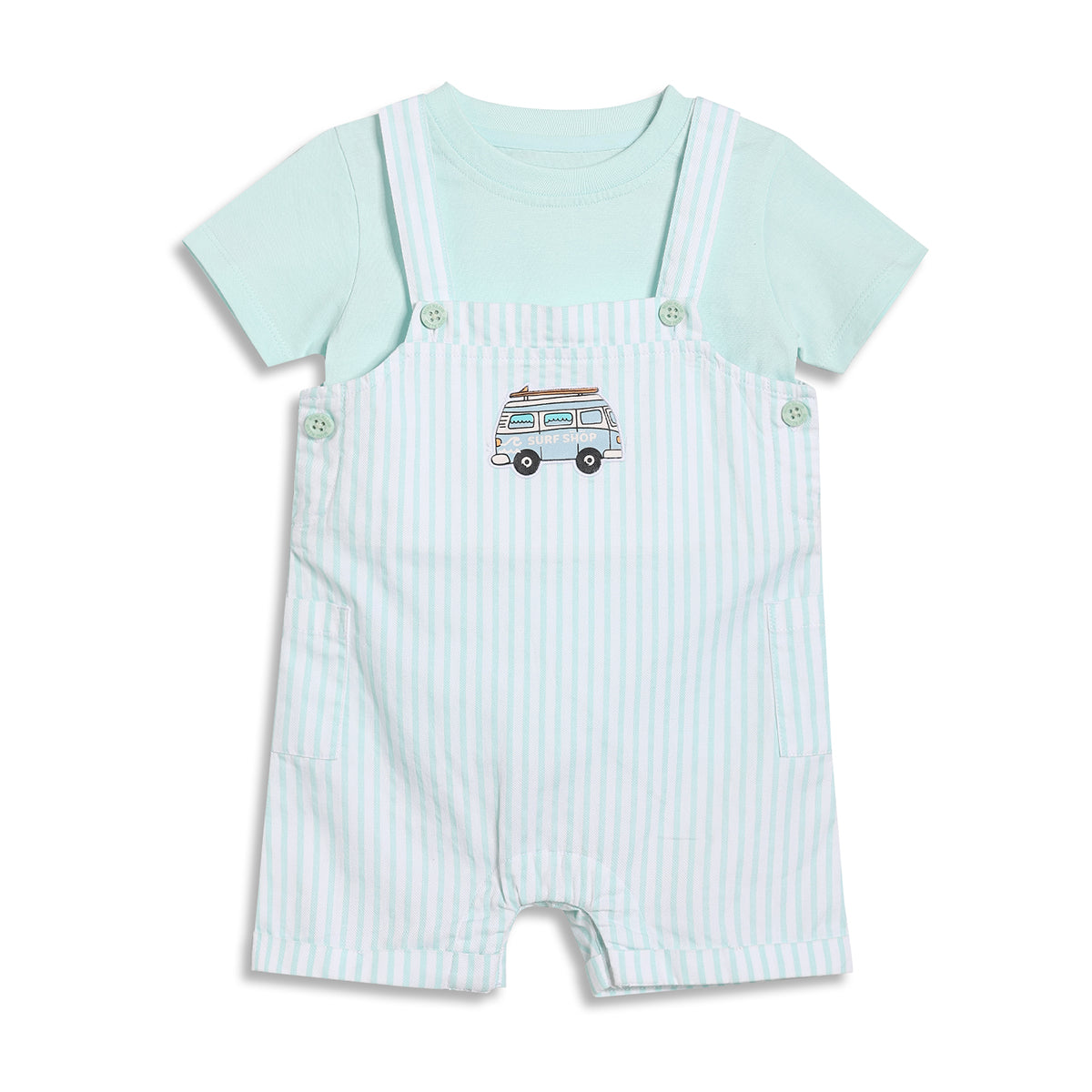 Baby Boys Striped Dungaree Set with Patch, Mint Green