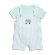 Baby Boys Striped Dungaree Set with Patch, Mint Green