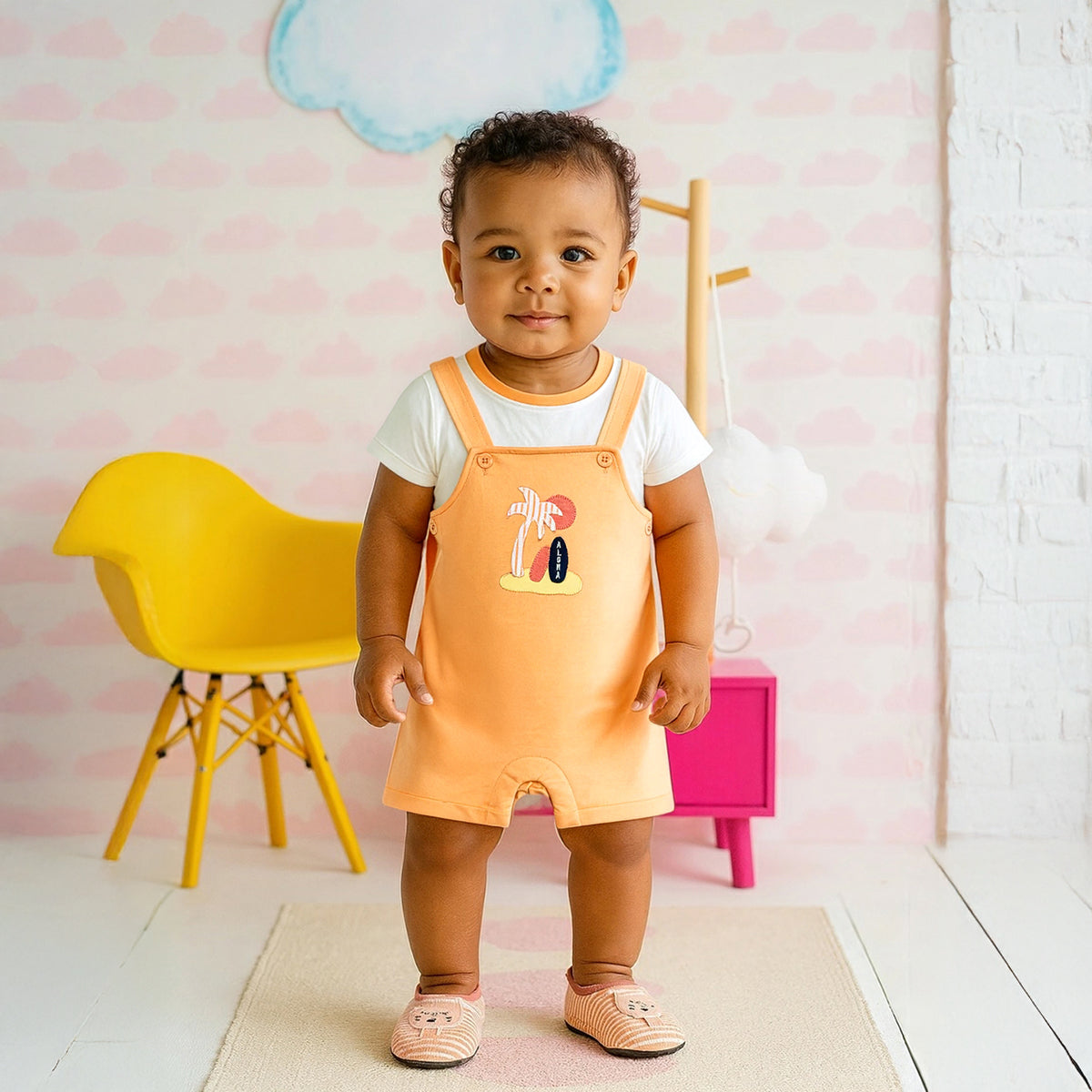 Baby Boys Aloha Dungaree Set, Orange and Cream