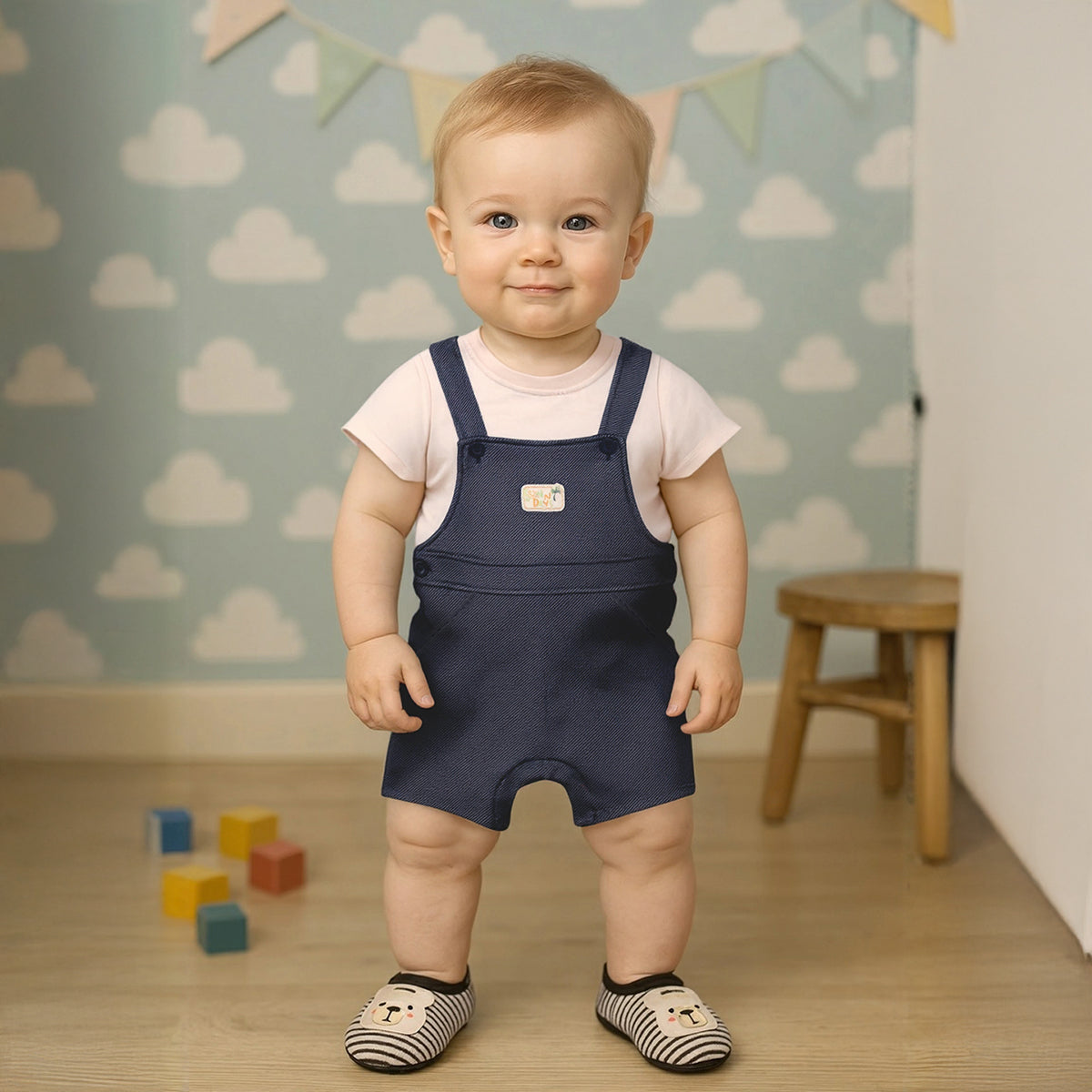 Baby Boys Solid Dungaree Set, Navy and Beige