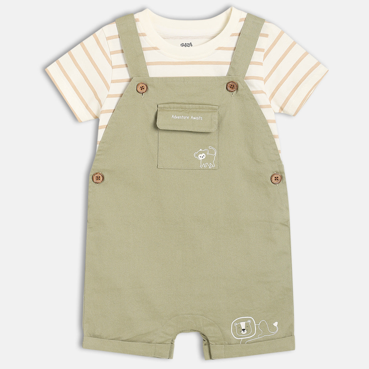 Baby Boys Striped T-Shirt With Solid Dungaree Set, Green And White